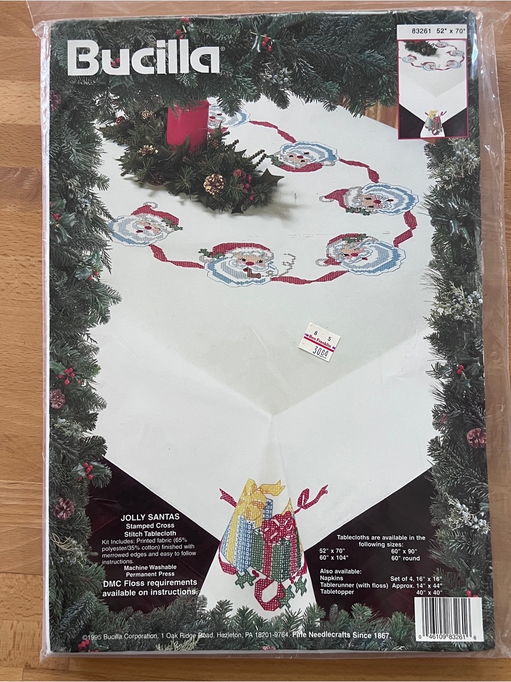 Bucilla Santa Garland Stamped Table Runner Cross Stitch Kit Vintage New  package